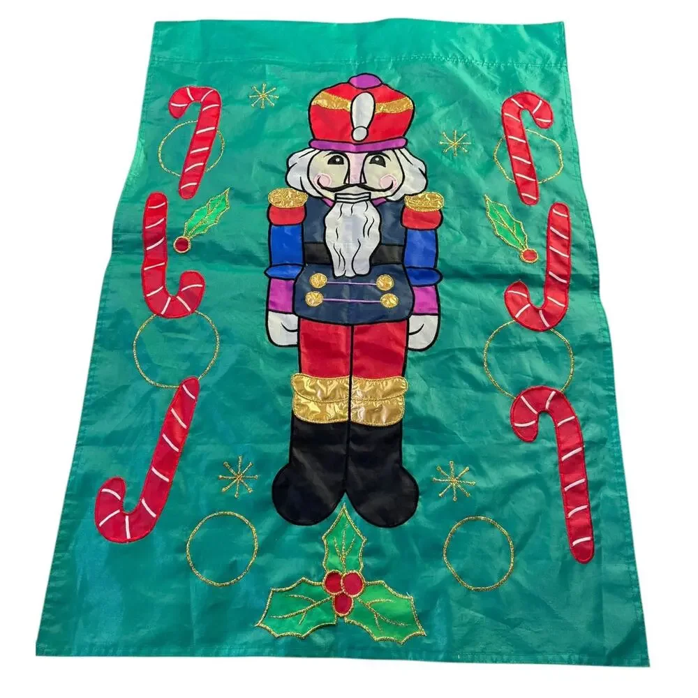 Vtg Applique Christmas Holiday Yard‎ Flag Double Sided Nutcracker Candy Cane